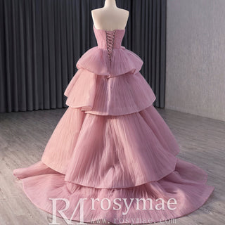 Elegant Tiered Ruffle Ruched Wedding Dress Formal Prom Gown - Rosymae