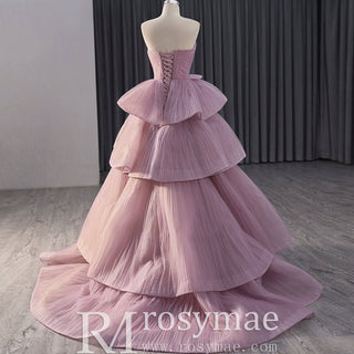 Elegant Tiered Ruffle Ruched Wedding Dress Formal Prom Gown - Rosymae