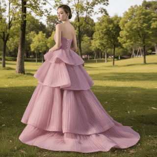 Elegant Tiered Ruffle Ruched Wedding Dress Formal Prom Gown - Rosymae