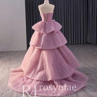 Elegant Tiered Ruffle Ruched Wedding Dress Formal Prom Gown - Rosymae