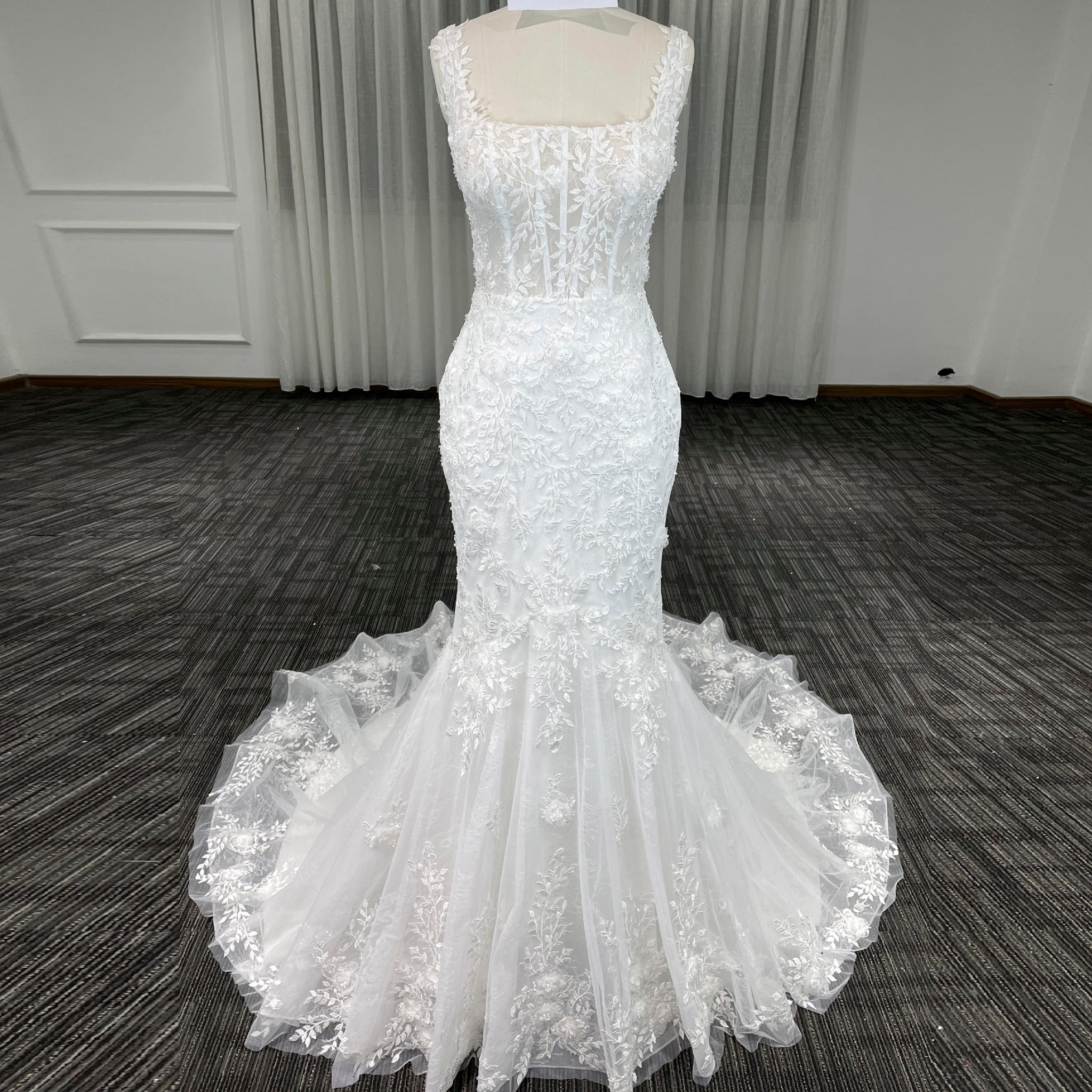 Elegant Trumpet Lace Square Neckline Wedding Dresses with Sheer Bodice - Rosymae