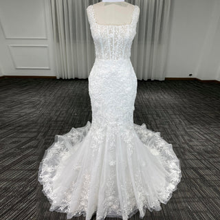 Elegant Trumpet Lace Square Neckline Wedding Dresses with Sheer Bodice - Rosymae