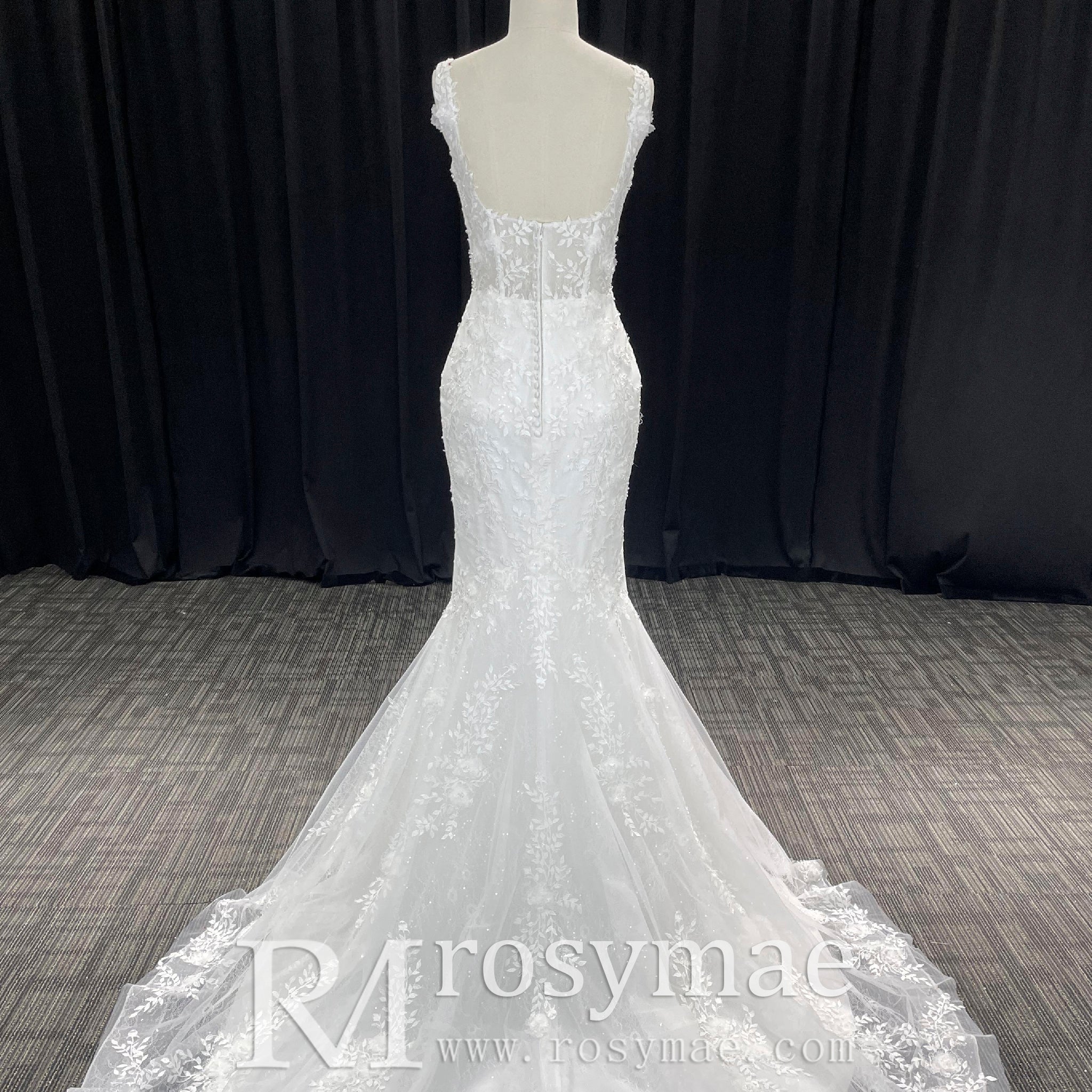 Elegant Trumpet Lace Square Neckline Wedding Dresses with Sheer Bodice - Rosymae