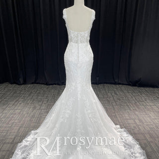 Elegant Trumpet Lace Square Neckline Wedding Dresses with Sheer Bodice - Rosymae