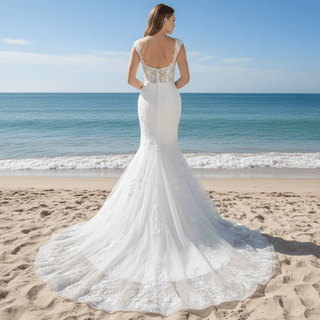 Elegant Trumpet Lace Square Neckline Wedding Dresses with Sheer Bodice - Rosymae