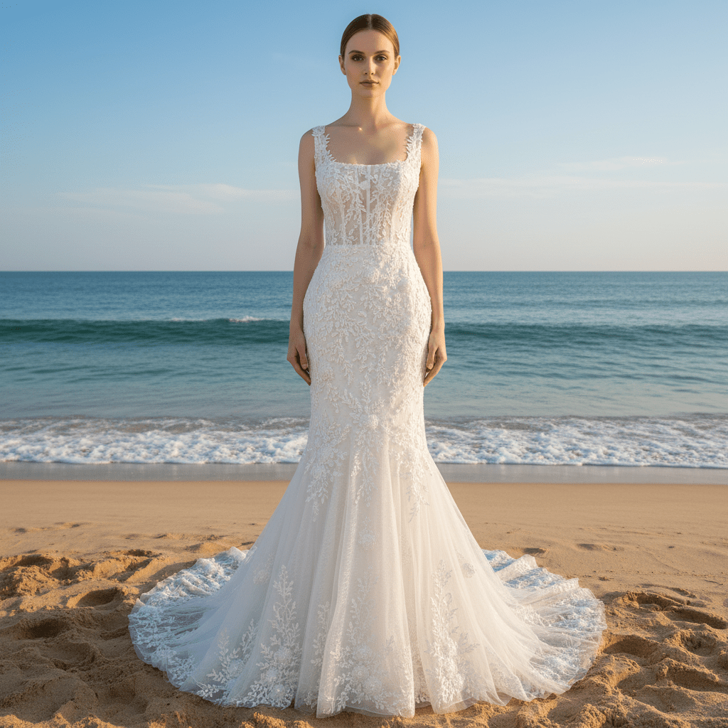 Elegant Trumpet Lace Square Neckline Wedding Dresses with Sheer Bodice - Rosymae