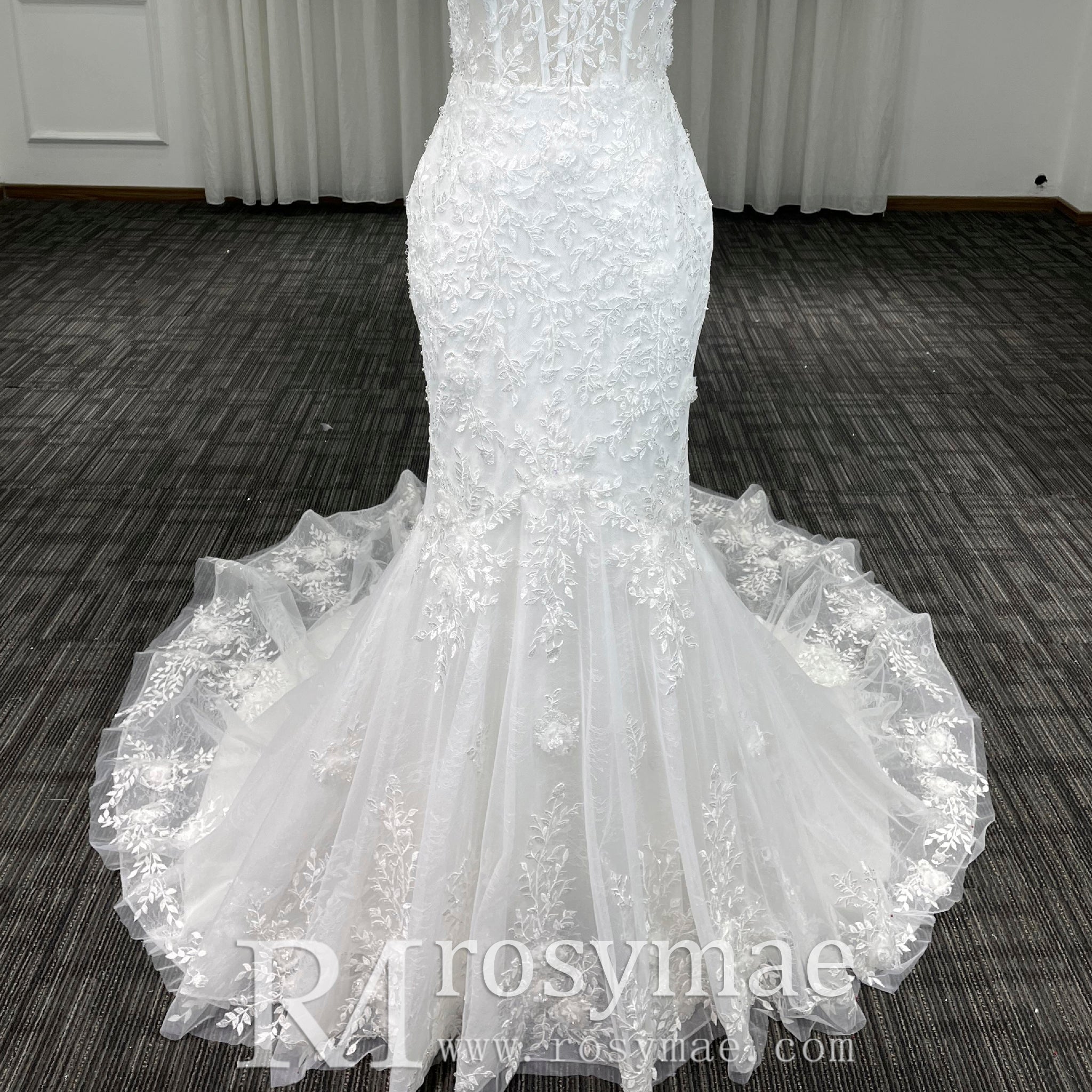 Elegant Trumpet Lace Square Neckline Wedding Dresses with Sheer Bodice - Rosymae