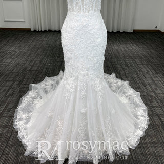 Elegant Trumpet Lace Square Neckline Wedding Dresses with Sheer Bodice - Rosymae