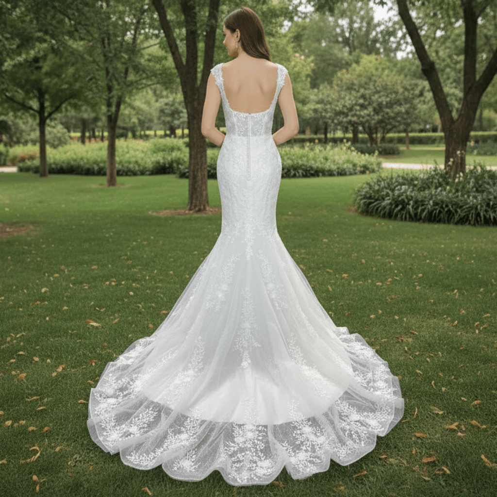 Elegant Trumpet Lace Square Neckline Wedding Dresses with Sheer Bodice - Rosymae