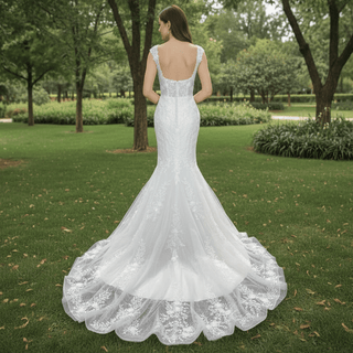 Elegant Trumpet Lace Square Neckline Wedding Dresses with Sheer Bodice - Rosymae