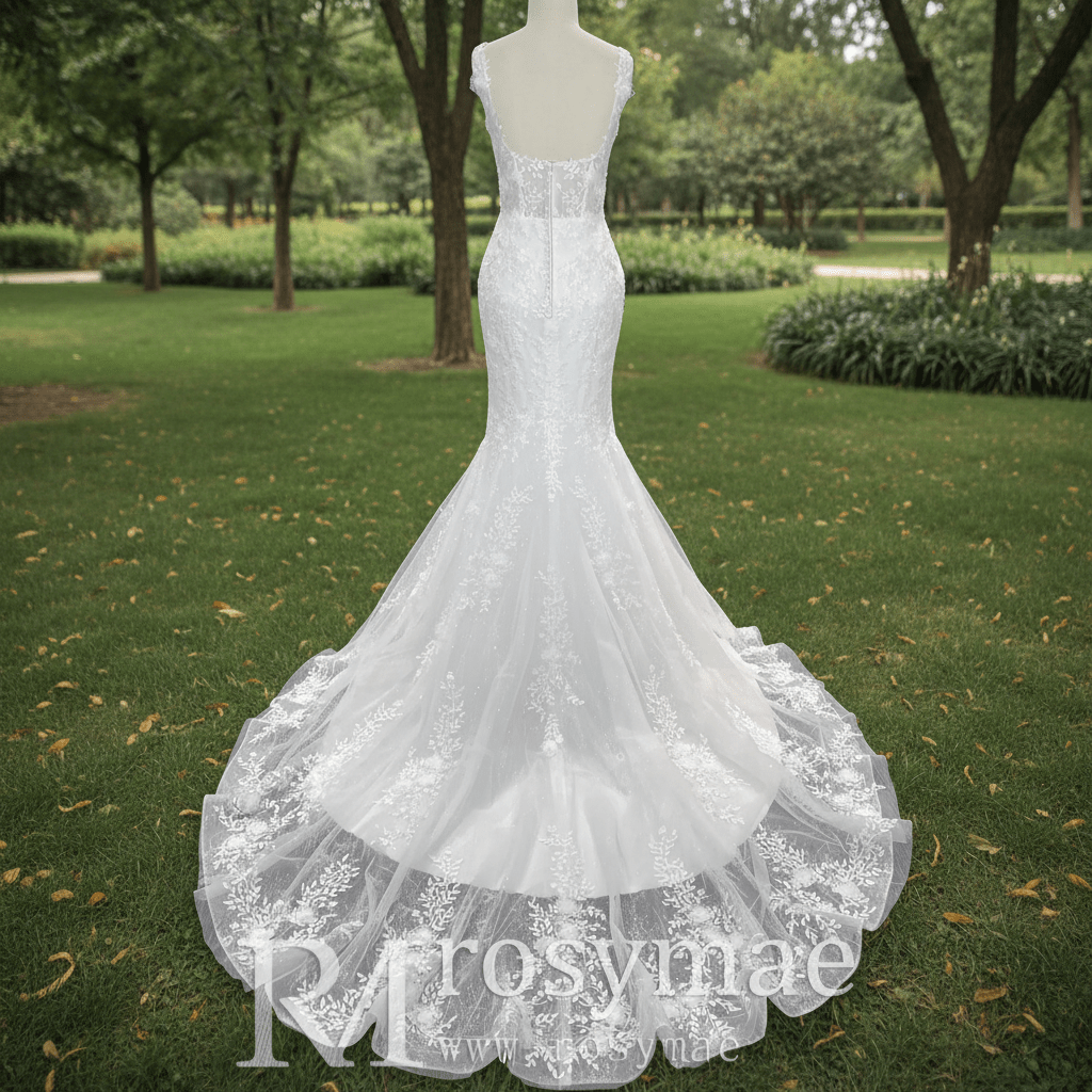Elegant Trumpet Lace Square Neckline Wedding Dresses with Sheer Bodice - Rosymae