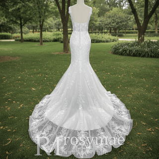 Elegant Trumpet Lace Square Neckline Wedding Dresses with Sheer Bodice - Rosymae
