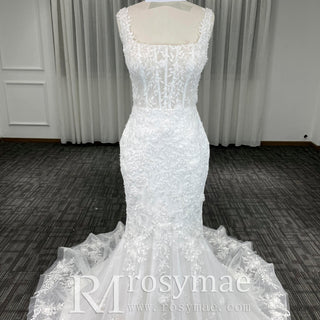 Elegant Trumpet Lace Square Neckline Wedding Dresses with Sheer Bodice - Rosymae
