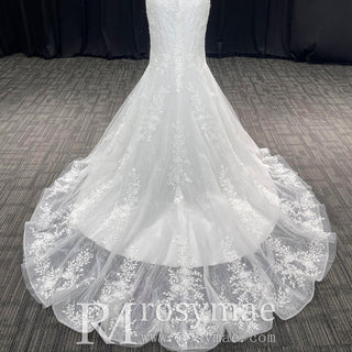 Elegant Trumpet Lace Square Neckline Wedding Dresses with Sheer Bodice - Rosymae