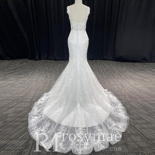 Elegant Trumpet Lace Square Neckline Wedding Dresses with Sheer Bodice - Rosymae