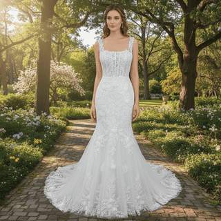 Elegant Trumpet Lace Square Neckline Wedding Dresses with Sheer Bodice - Rosymae