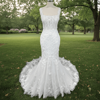 Elegant Trumpet Lace Square Neckline Wedding Dresses with Sheer Bodice - Rosymae