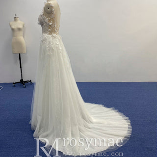 Elegant Tulle and Lace A-line Wedding Dress with Sheer Bodice - Rosymae