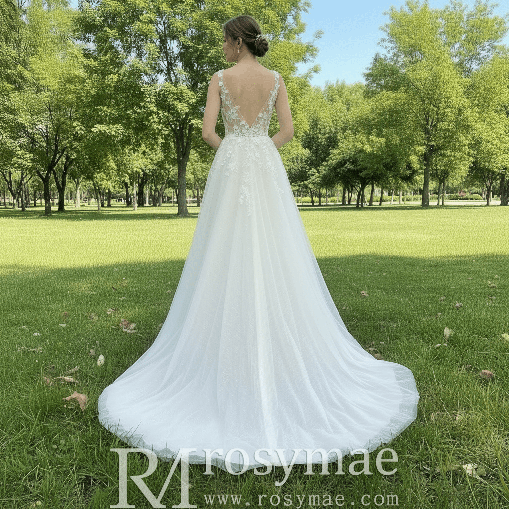 Elegant Tulle and Lace A-line Wedding Dress with Sheer Bodice - Rosymae