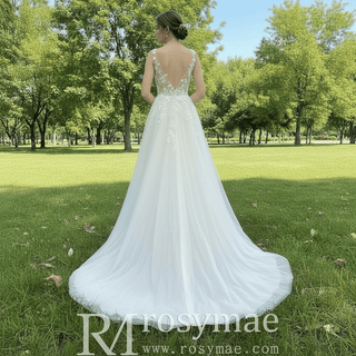 Elegant Tulle and Lace A-line Wedding Dress with Sheer Bodice - Rosymae