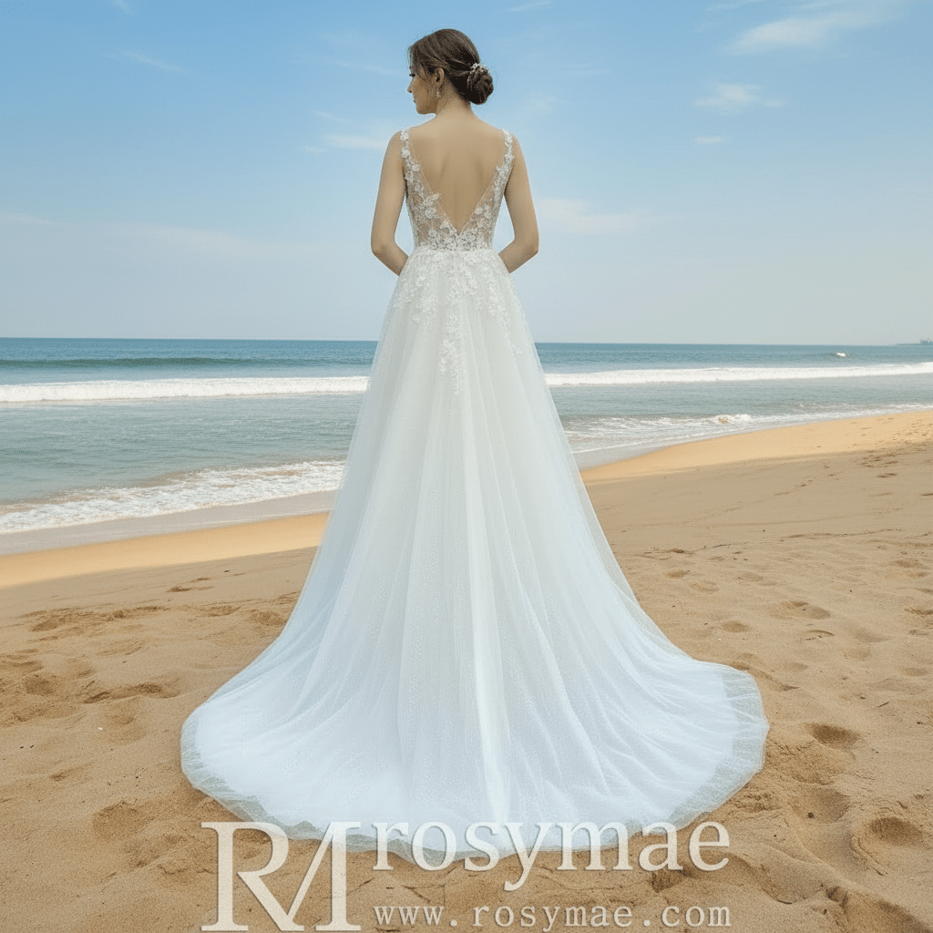 Elegant Tulle and Lace A-line Wedding Dress with Sheer Bodice - Rosymae
