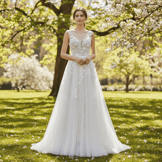 Elegant Tulle and Lace A-line Wedding Dress with Sheer Bodice - Rosymae