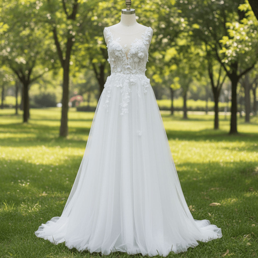 Elegant Tulle and Lace A-line Wedding Dress with Sheer Bodice - Rosymae