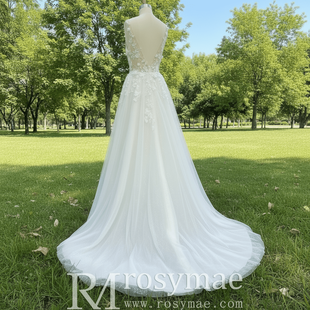 Elegant Tulle and Lace A-line Wedding Dress with Sheer Bodice - Rosymae