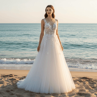 Elegant Tulle and Lace A-line Wedding Dress with Sheer Bodice - Rosymae