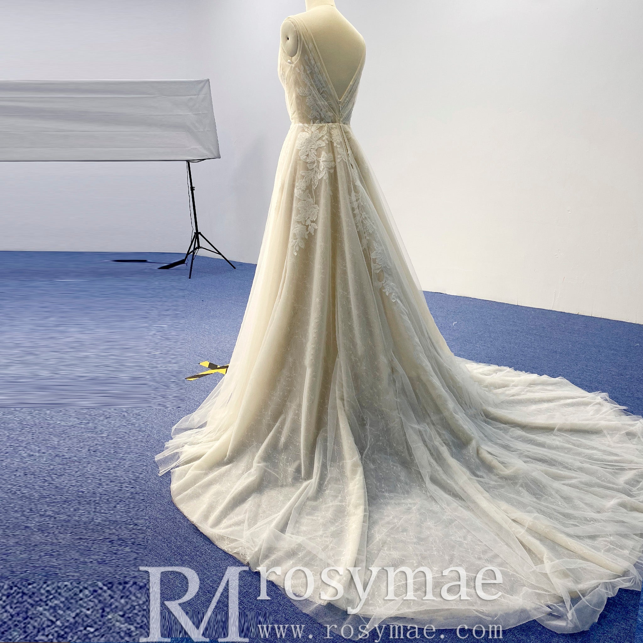 Elegant Tulle and Lace A-line Wedding Dress with Vneck - Rosymae