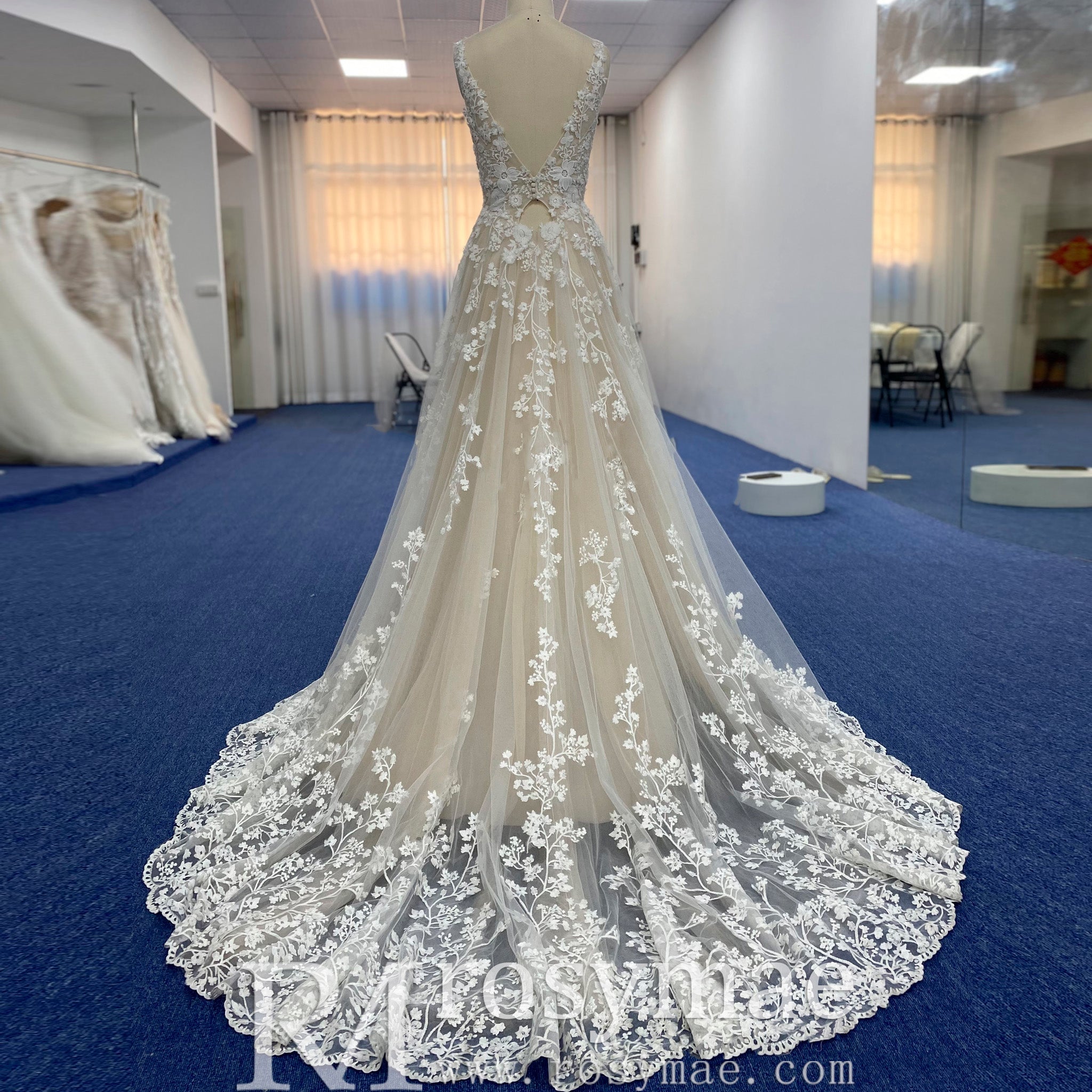 Elegant Tulle and Lace A-line Wedding Dress with Vneck - Rosymae