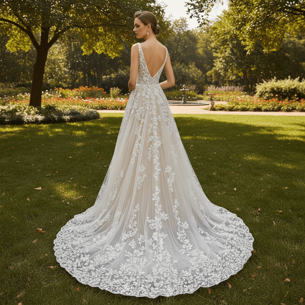 Elegant Tulle and Lace A-line Wedding Dress with Vneck - Rosymae