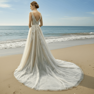 Elegant Tulle and Lace A-line Wedding Dress with Vneck - Rosymae
