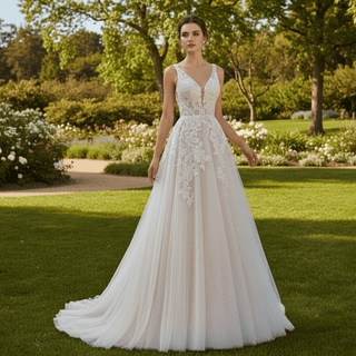 Elegant Tulle and Lace A-line Wedding Dress with Vneck - Rosymae