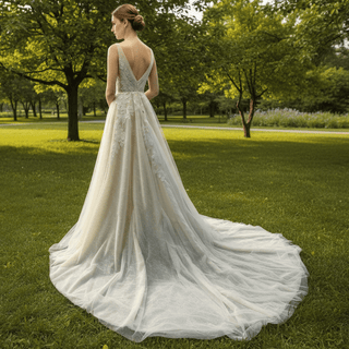 Elegant Tulle and Lace A-line Wedding Dress with Vneck - Rosymae