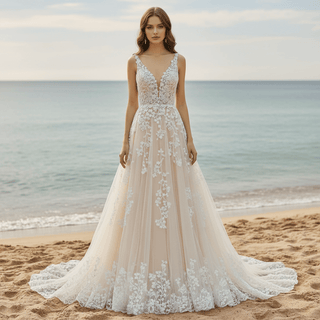 Elegant Tulle and Lace A-line Wedding Dress with Vneck - Rosymae