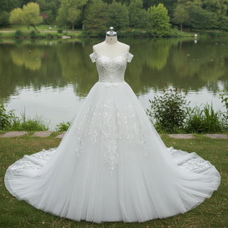 Luxury A-line Tulle Aplliqued Lace Wedding Dress with Off the Shoulder