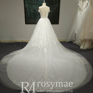 Luxury A-line Tulle Aplliqued Lace Wedding Dress with Off the Shoulder