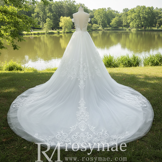 Luxury A-line Tulle Aplliqued Lace Wedding Dress with Off the Shoulder