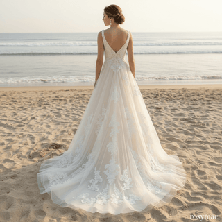 Elegant V-neck A-line Lace Appliqued Wedding Dress with Low Back - Rosymae