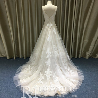 Elegant V-neck A-line Lace Appliqued Wedding Dress with Low Back - Rosymae