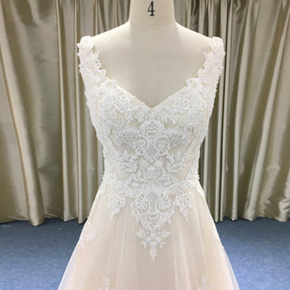Elegant V-neck A-line Lace Appliqued Wedding Dress with Low Back - Rosymae