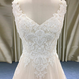 Elegant V-neck A-line Lace Appliqued Wedding Dress with Low Back - Rosymae