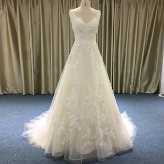 Elegant V-neck A-line Lace Appliqued Wedding Dress with Low Back - Rosymae