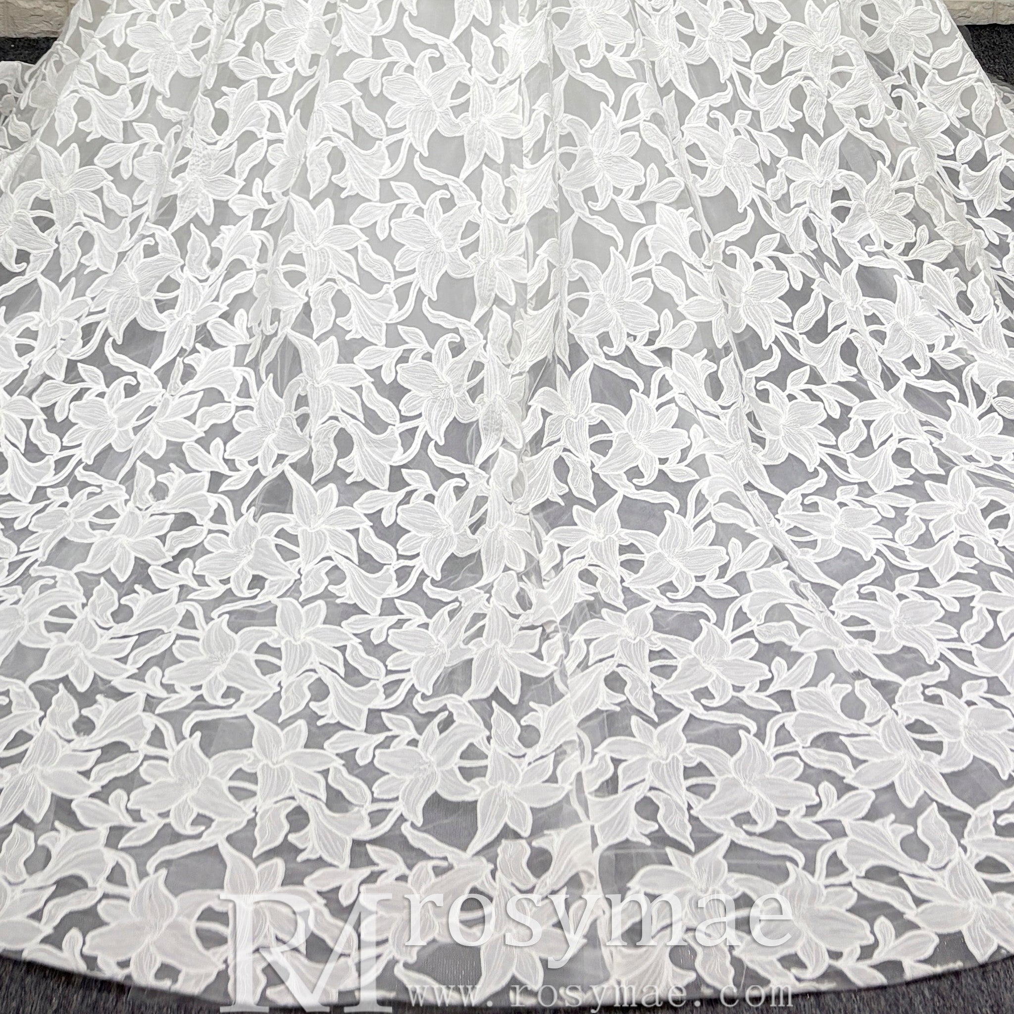 Elegant V Neck A Line Unique 3D Lace Wedding Dress with Sheer Bodice - Rosymae