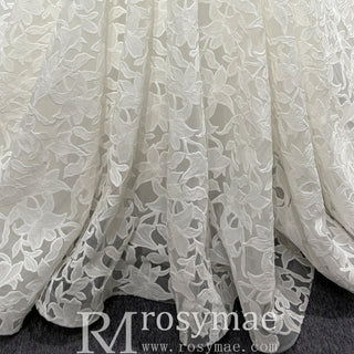 Elegant V Neck A Line Unique 3D Lace Wedding Dress with Sheer Bodice - Rosymae