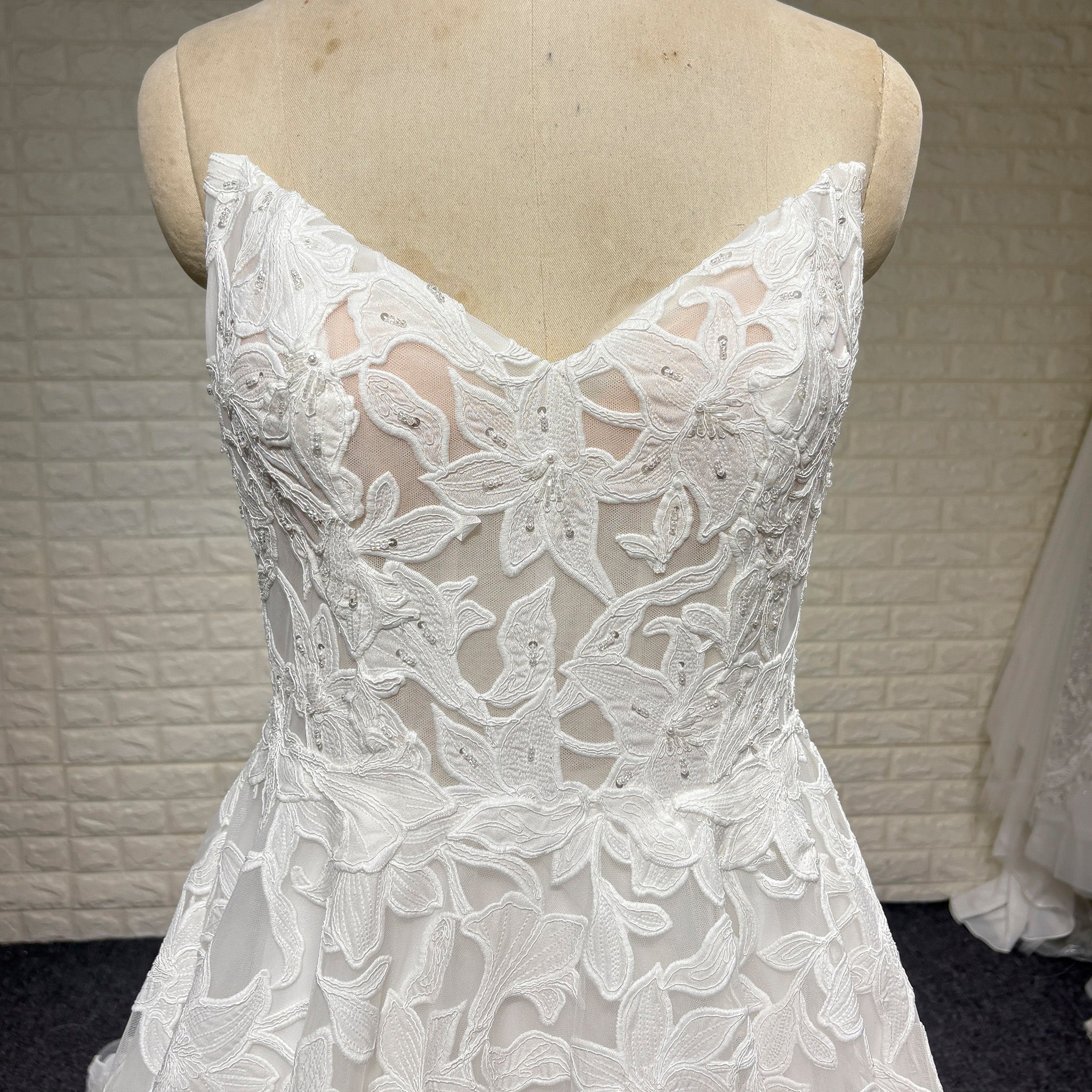 Elegant V Neck A Line Unique 3D Lace Wedding Dress with Sheer Bodice - Rosymae