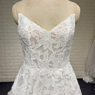 Elegant V Neck A Line Unique 3D Lace Wedding Dress with Sheer Bodice - Rosymae