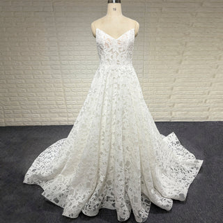 Elegant V Neck A Line Unique 3D Lace Wedding Dress with Sheer Bodice - Rosymae