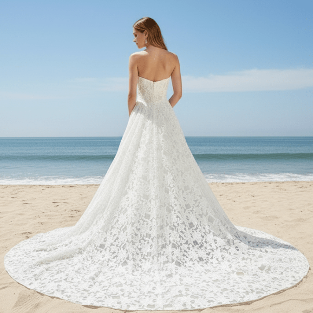 Elegant V Neck A Line Unique 3D Lace Wedding Dress with Sheer Bodice - Rosymae